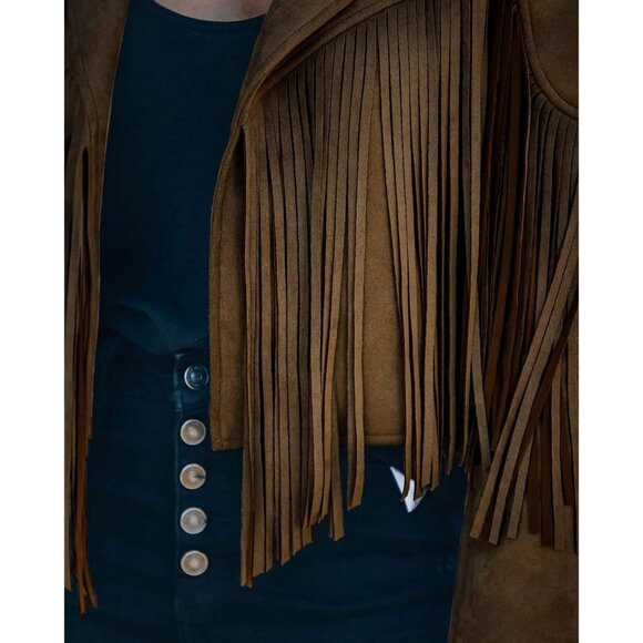 Women's Dark Brown Trendy Fall Western Fringe Cropped Faux Suede Leather Jackets - Picture 4 of 5